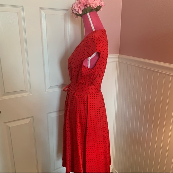 Retro Style Red Black Polka Dot Cap Sleeve A-Line Modest Dress size XL - Picture 5 of 10